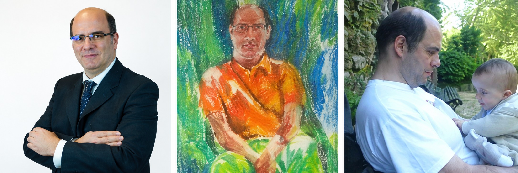 Colagem de três retratos: Paulo Santos de fato, num retrato pintado e com uma criança.